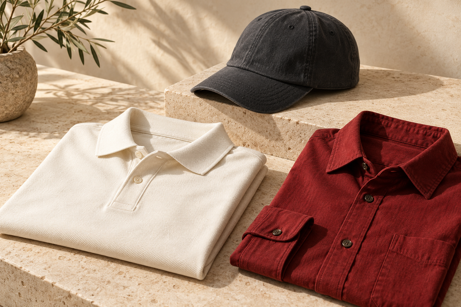 Apparel concept: ivory polo, charcoal cap, and red shirt