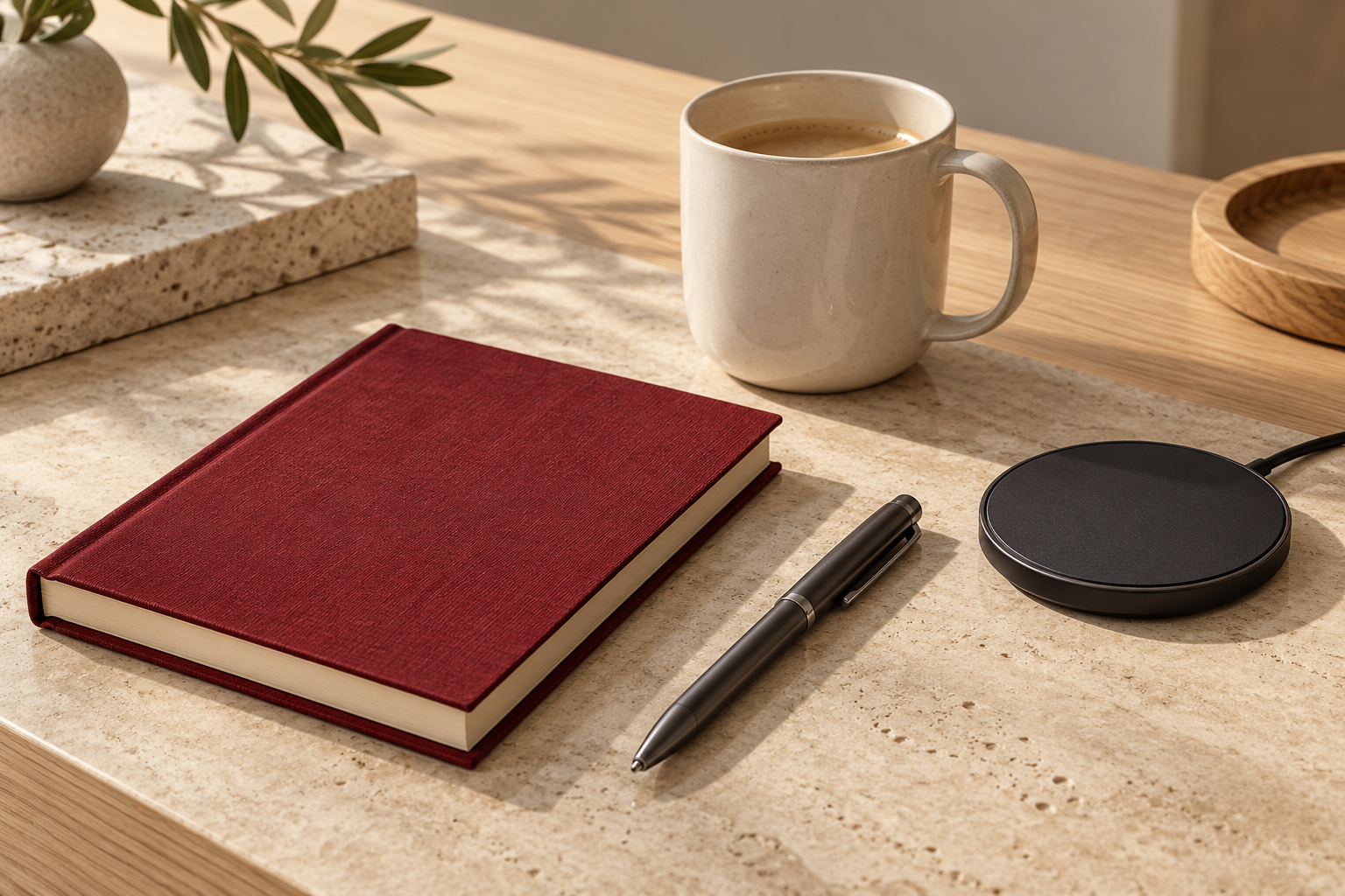 Desk concept: mug, notebook, pen, and wireless charger