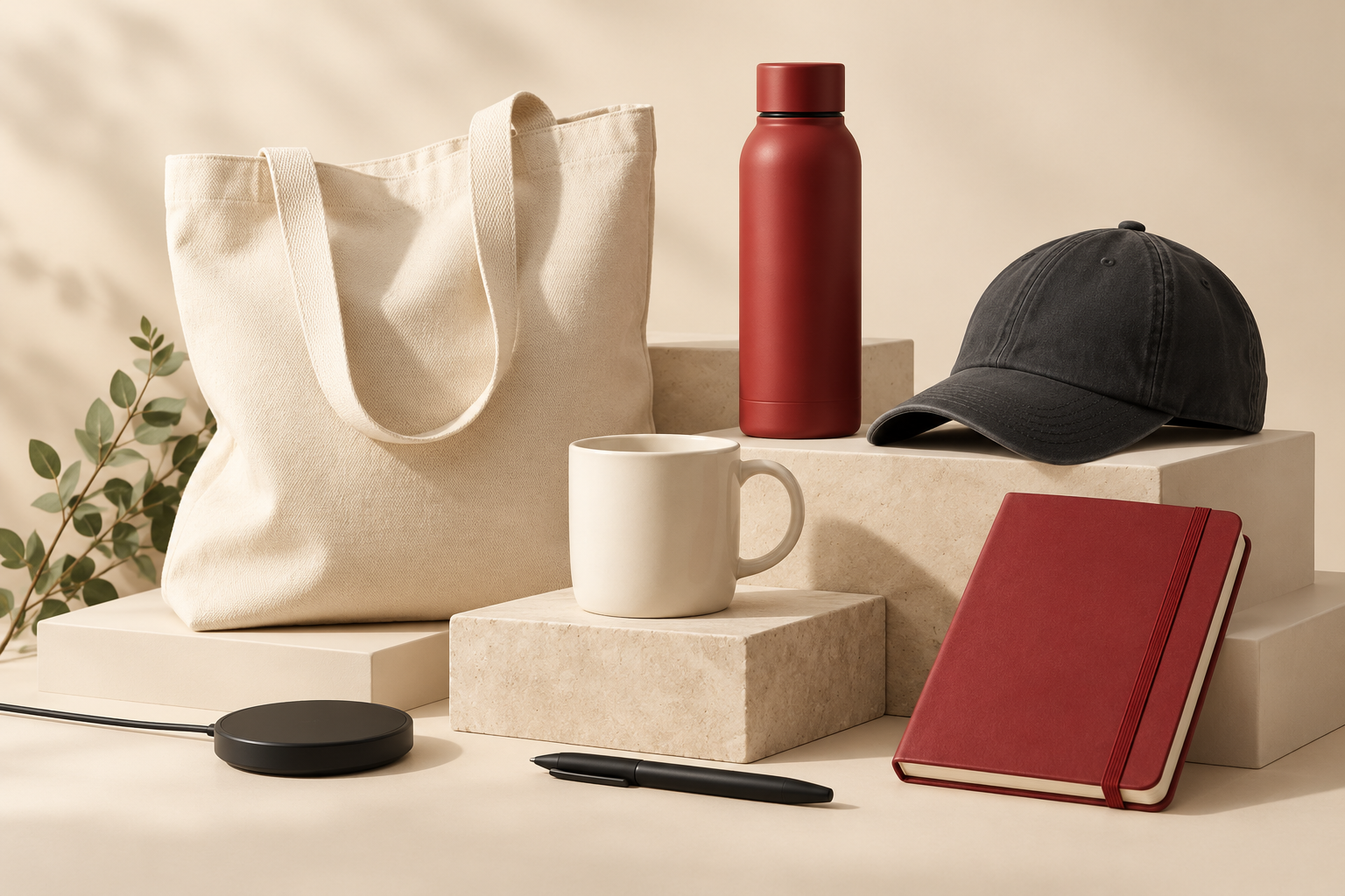 Promotional concept: tote bag, drinkware, cap, notebook, and accessories